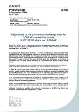 Adjustment to the conversion/exchange ratio for OCEANE press release 2009