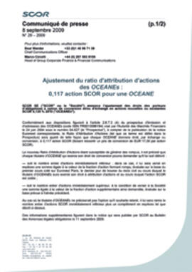 Communiqué de presse Ajustement du ratio d'attribution d'actions des OCEANEs 2009