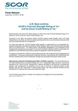 2018 press release A.M. Best confirms SCOR’s Financial Strength Rating