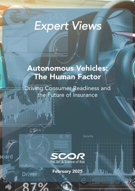 February 2025 SCOR P&C Expert View on Autonomous vehicles cover with empty cockpit in vehicle and Self-Driving mode car graphic screen with flare light