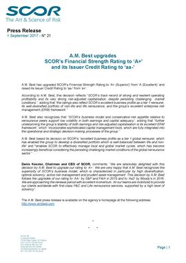 2017 A.M. Best upgrades  SCOR’s Financial Strength Rating to ‘A+’ and its Issuer Credit Rating to ‘aa-' press release