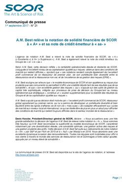 Communiqué de presse A.M. Best relève la notation de solidité financière de SCOR à « A+ » et sa note de crédit émetteur à « aa- » 2017