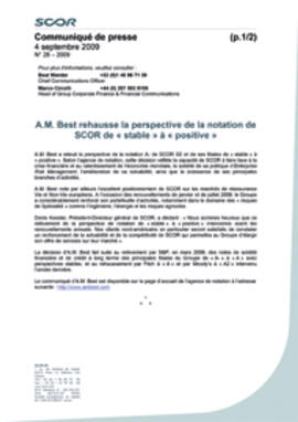 Communiqué de presse A.M. Best rehausse la perspective de la notation de SCOR 2009