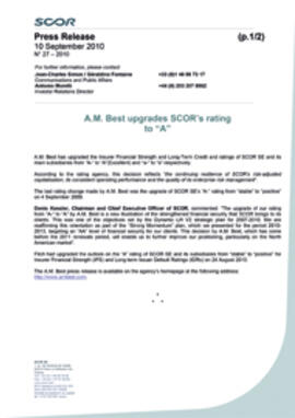 2010 A.M. Best upgrades SCOR’s rating to “A” press release