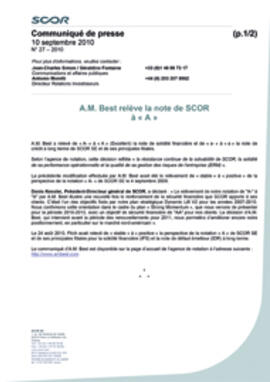 Communiqué de presse A.M. Best relève la note de SCOR à « A » 2010