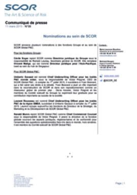 Communiqué de presse Nomination chez SCOR de 2015