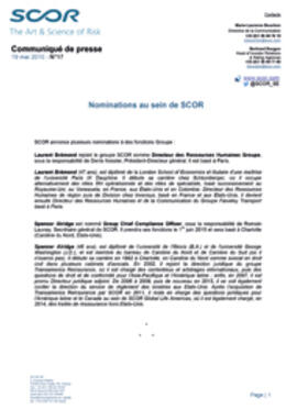 Communiqué de presse nominations chez SCOR mai 2015