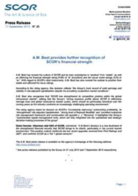 2015 press release A.M. Best provides further recognition of SCOR’s financial strength