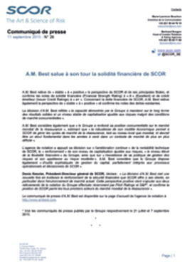 Communiqué de presse A.M. Best salue à son tour la solidité financière de SCOR 2015