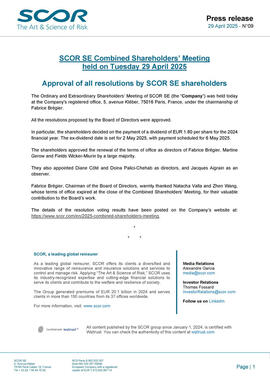 SCOR April 2025 CSM results press release