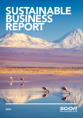 Cover page of SCOR's 2024 Sustainable Business Report - photo of flamingos with mountains in the background