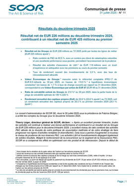 Première page du communiqué de presse des Résultats du T2 2025 de SCOR