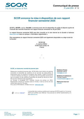 Première page du communiqué de presse du rapport semestriel 2025 de SCOR