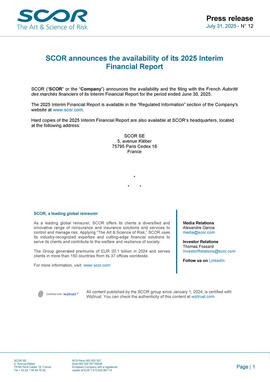 SCOR 2025 Half Year Report press release first page