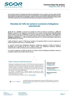 Communiqué de presse des résultats de l'offre de rachat de SCOR de septembre 2025