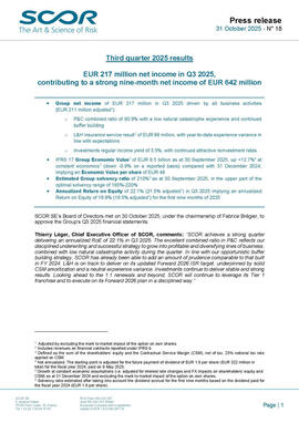 First page of Press release of SCOR Third quarter 2025 results of October 31 2025