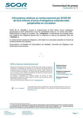 Communiqué de presse de SCOR d'octobre 2025 sur le remboursement d’obligations subordonnées