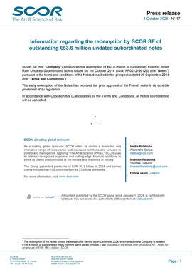 SCOR October 2025 press release about subordinated notes redemption