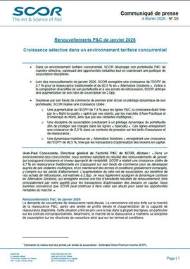 Première page du communiqué de presse des renouvellements P&C de SCOR de janvier 2026