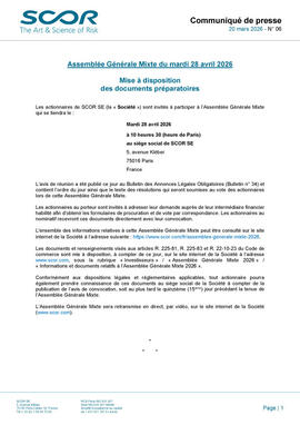 Image du communiqué de presse de mars 2026 de SCOR sur la mise à disposition des documents de l’AGM 2026 