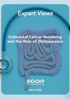 Cover of Expert Views paper on Colorectal Cancer and the Role of (Re)Insurance: plasticine model of intestines with a stethoscope