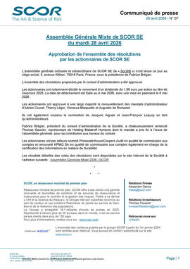 Communiqué de presse d'avril 2026 de SCOR des Résultats de vote de l'AGM