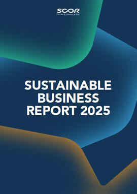 Cover of 2025 Sustainable Business Report abstract blue, green and yellow shapes on a blue background