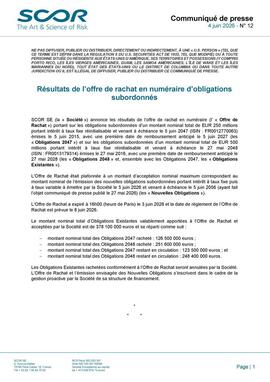 Communiqué de presse de SCOR de mai 2026 des Communiqué de presse 12 Résultats d'Offre de Rachat