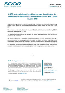 SCOR June 2026 Covea arbitration award press release
