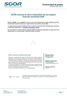 Première page du communiqué de presse de SCOR de mise à disposition de son rapport financier semestriel 2026