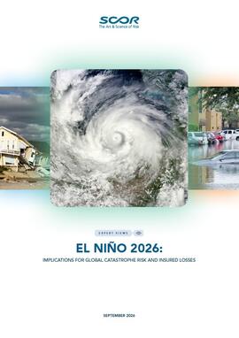 Cover page of SCOR Expert Views El Niño 2026 showing collapes houses, aerial view of hurricane, and partially submerged vehicles outside and apartment block