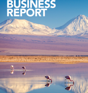 Cover page of SCOR's 2024 Sustainable Business Report - photo of flamingos with mountains in the background