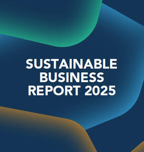 Cover of 2025 Sustainable Business Report abstract blue, green and yellow shapes on a blue background